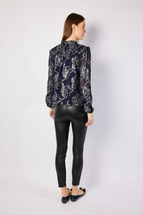 Sail To Sable Ruffle Neck Tie Front Top Navy Metallic Jacquard