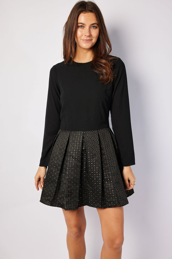 Sail To Sable Zip Back Pleated Mini Dress - Black/Gold Jaquard