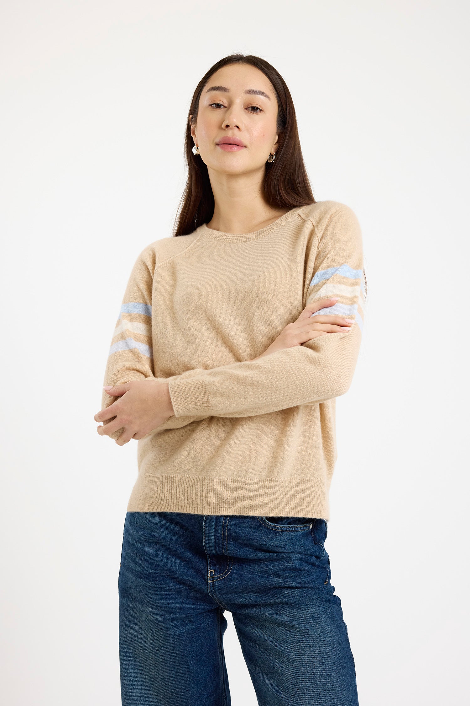 Brodie Cashmere Annie Stripe Crew Sweater Soft Camel/Multi