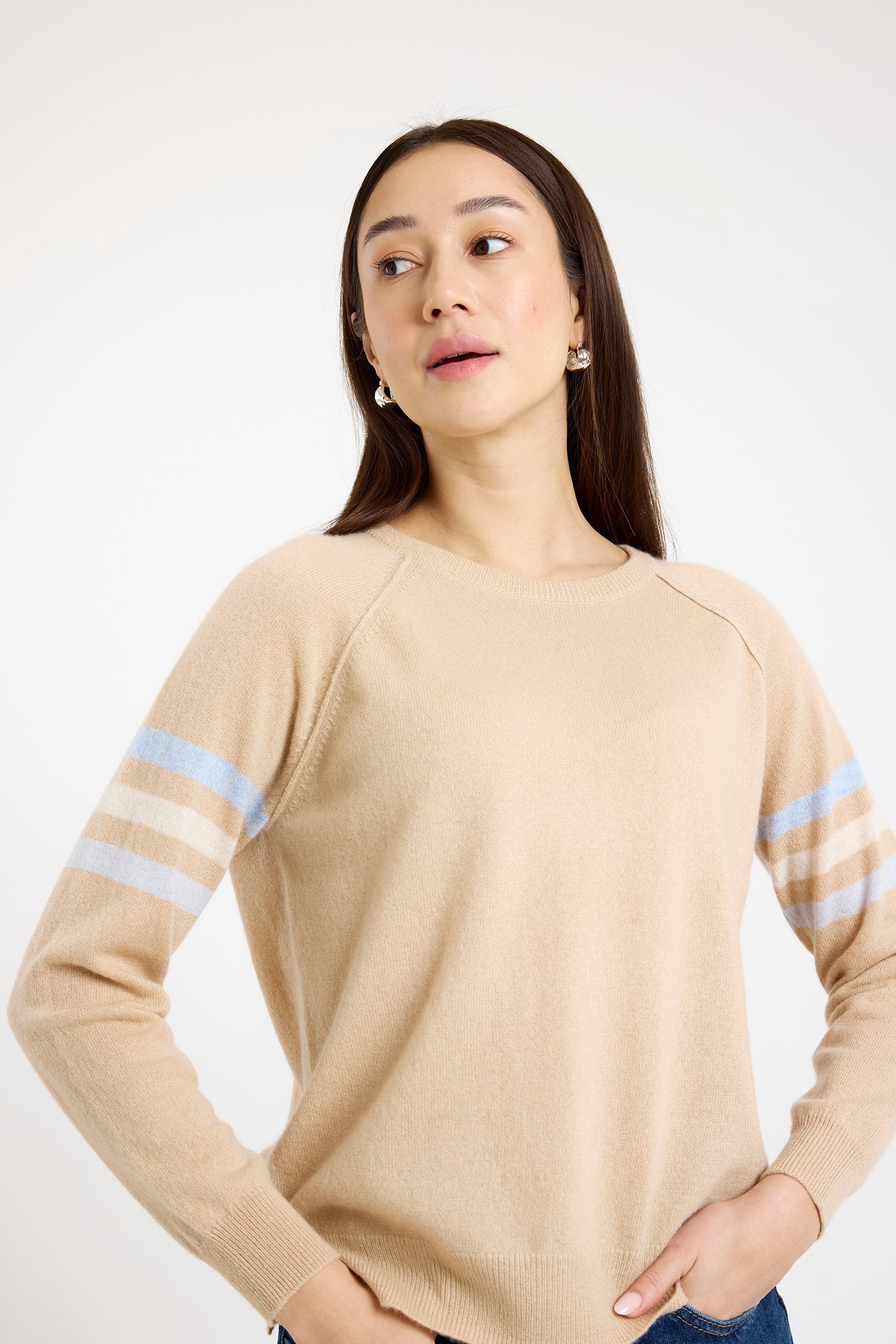 Brodie Cashmere Annie Stripe Crew Sweater Soft Camel/Multi