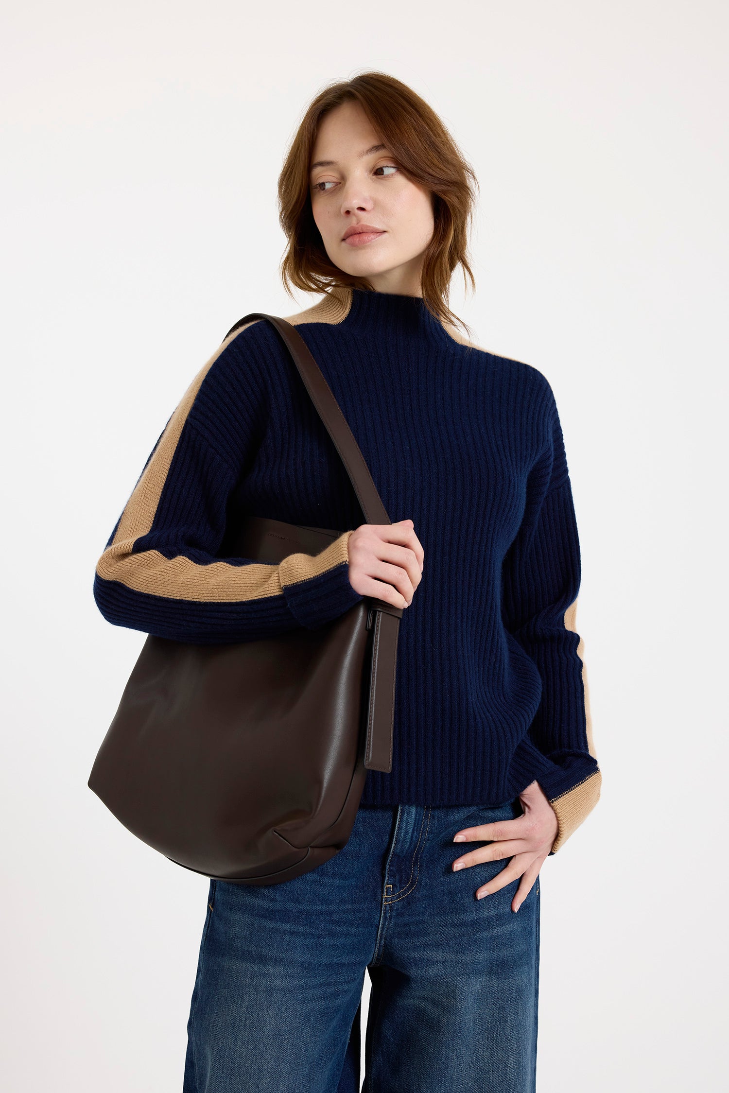 Brodie Cashmere Chamonix Mock Neck Sweater Navy/Camel