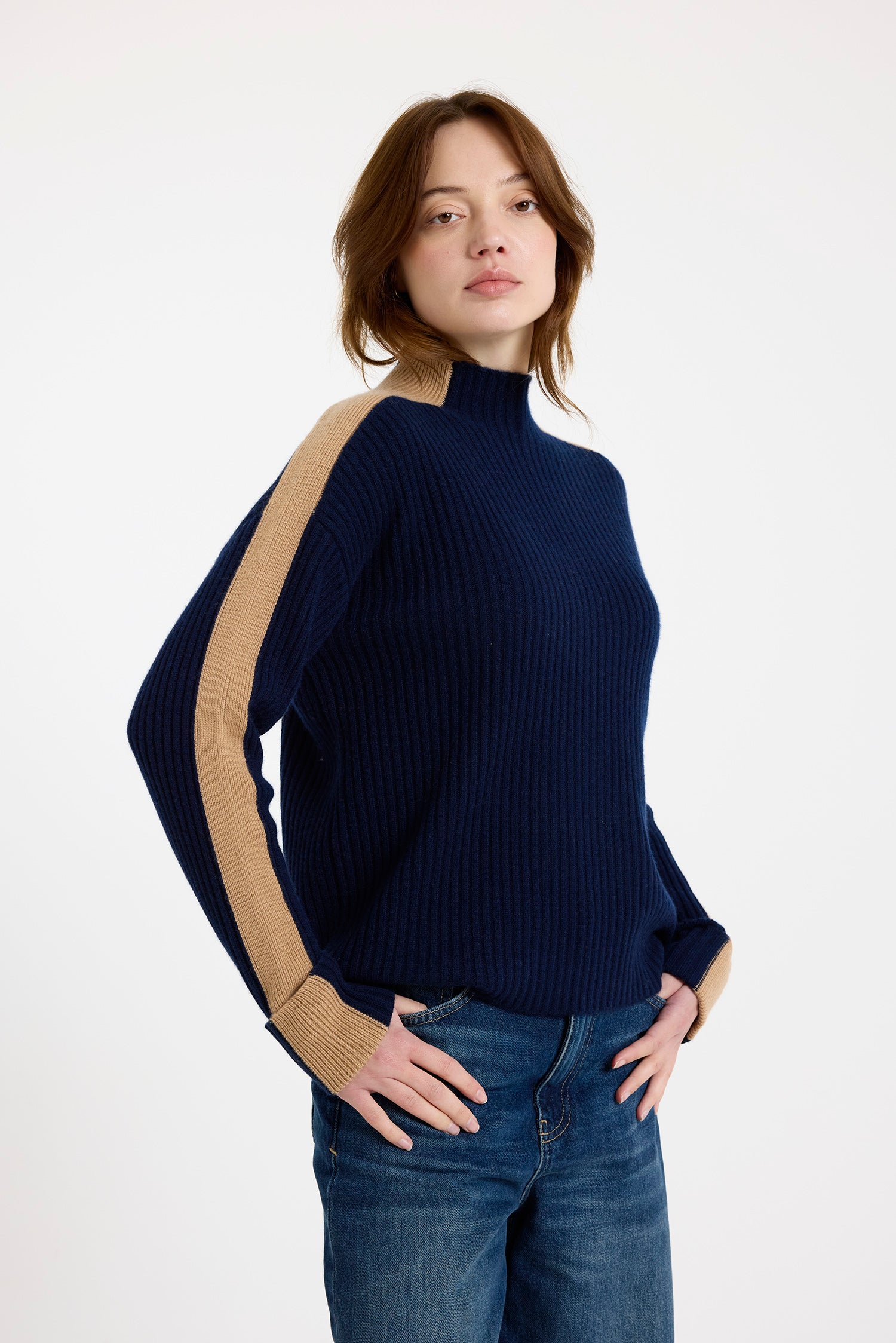 Brodie Cashmere Chamonix Mock Neck Sweater Navy/Camel