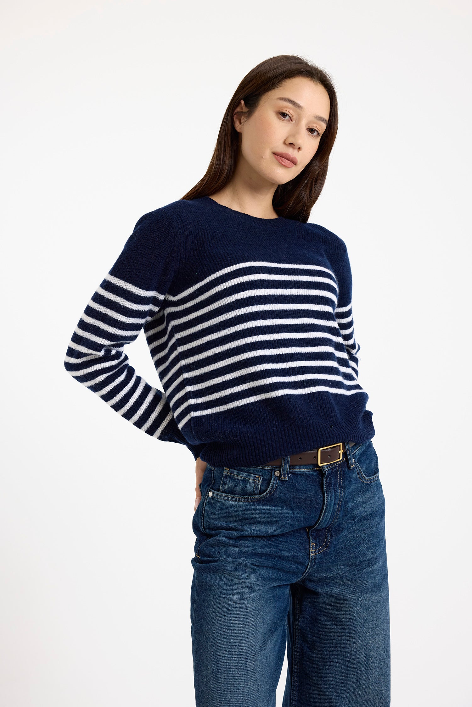 Brodie Cashmere Kate Bretton Crew Sweater Navy/Organic White