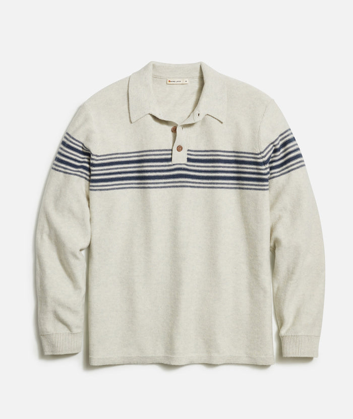 Marine Layer LS Chest Stripe Sweater Polo-pearl/dark indigo