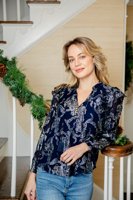 Sail To Sable Ruffle Neck Tie Front Top Navy Metallic Jacquard