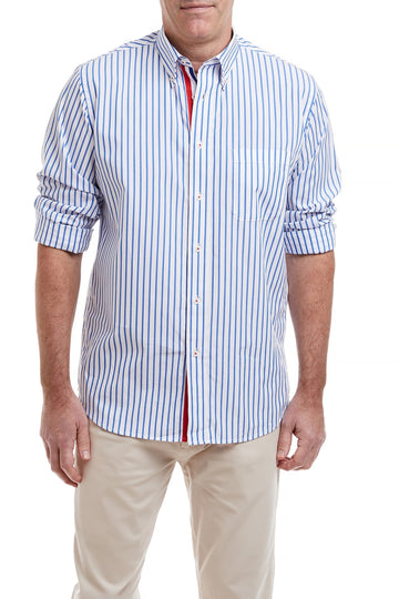 Castaway Chase Shirt Blue Stripe with Red White and Royal Blue Grosgrain