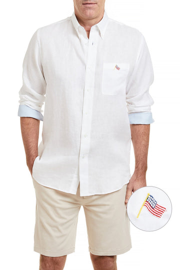 Castaway Chase Shirt Long Sleeve White Linen W/ American Flag