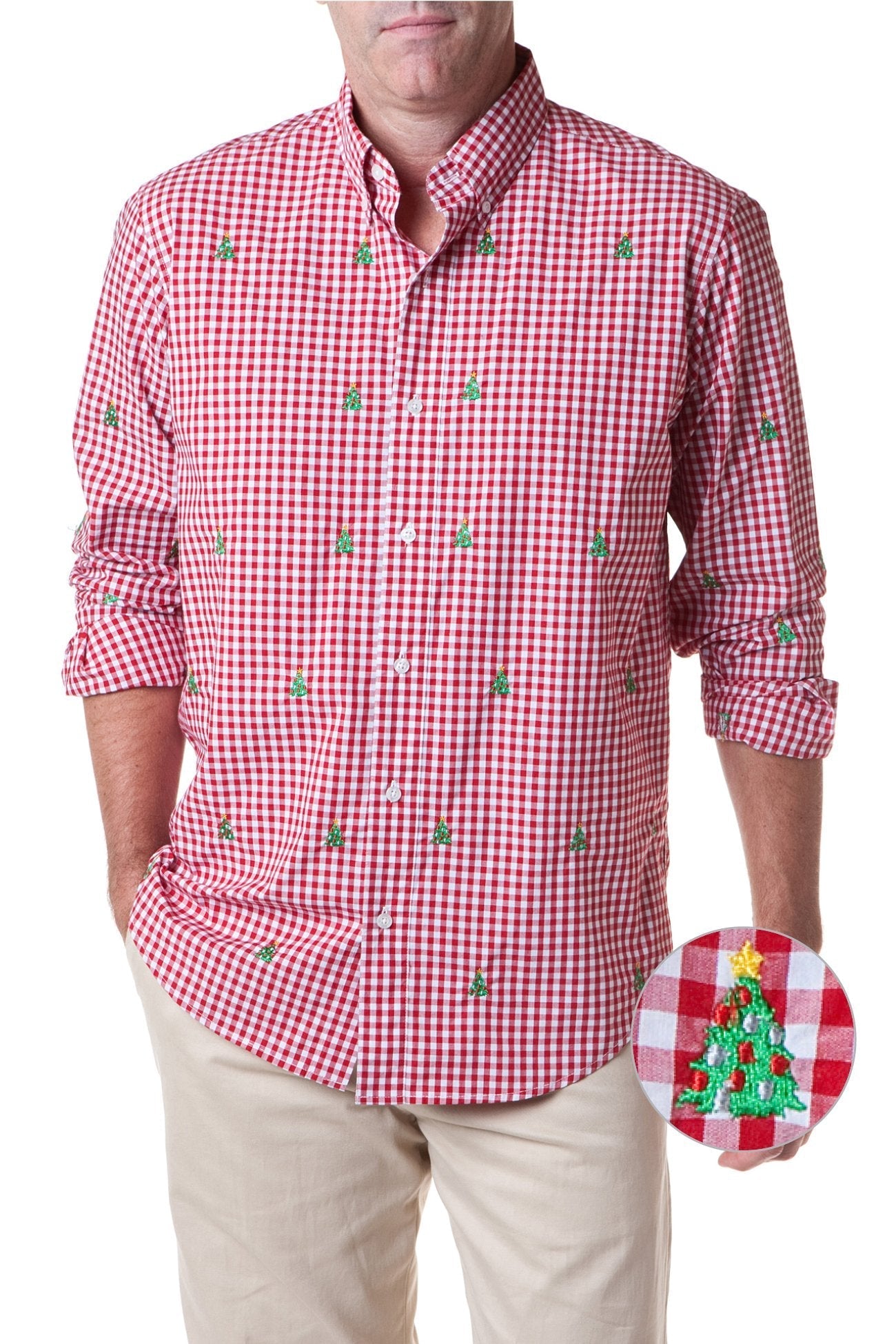 Castaway Straight Wharf Mens Shirt Red Gingham with Christmas Trees