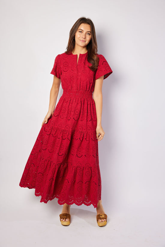Sail To Sable Red Eyelet Cinched Waist Midi Dress -  Chili Pepper