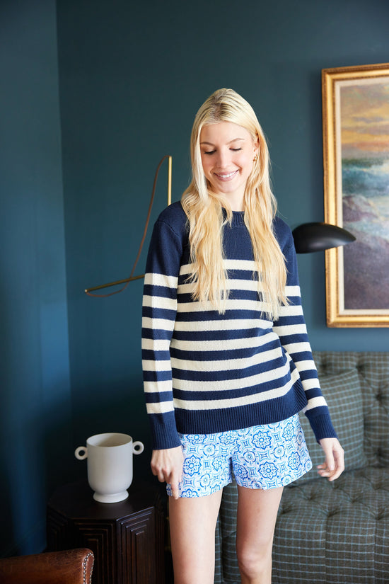 Sail to Sable Roll Neck Striped Sweater Navy/Ivory - Murray's