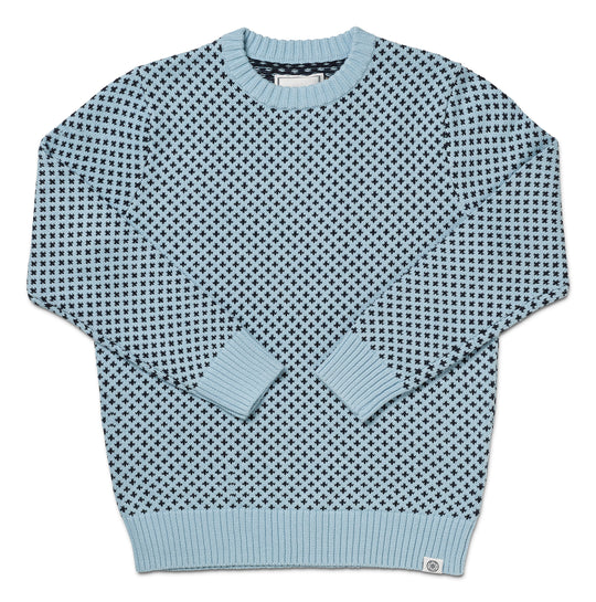 Light blue sweater with a geometric pattern on a white background