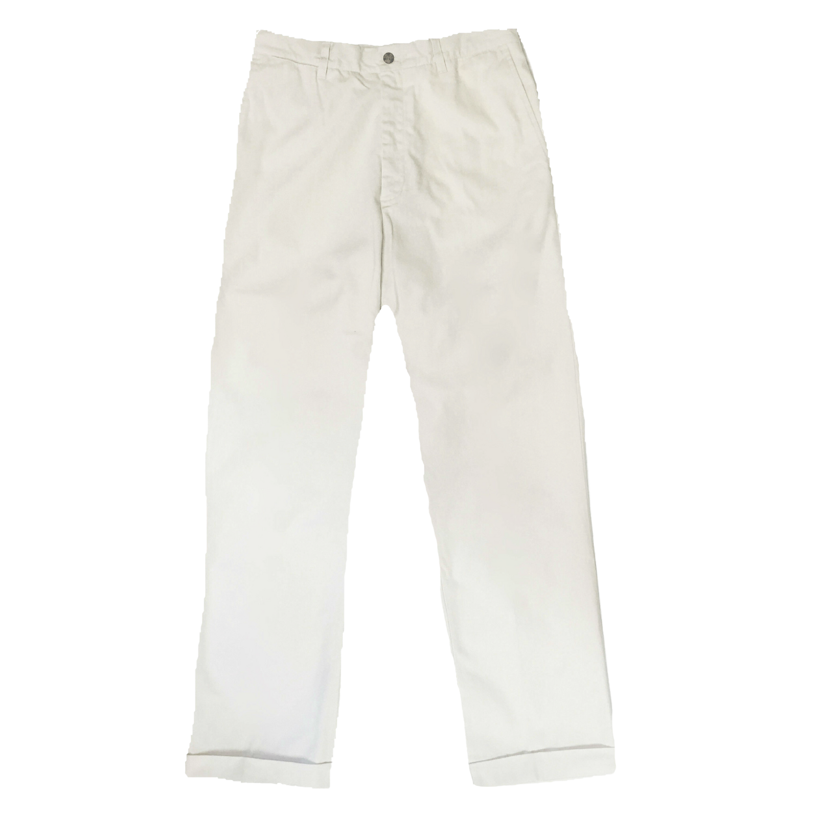 A pair of men's plain front pants in a stone color, displayed flat on a surface.