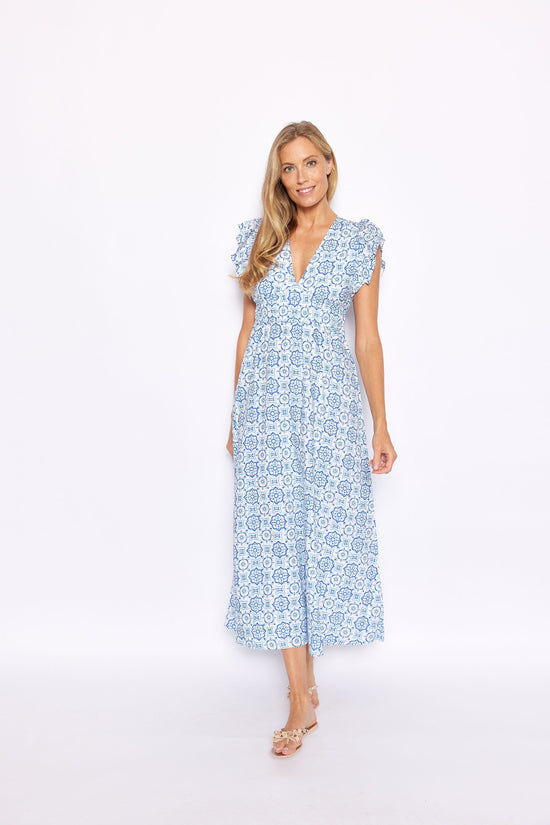 Sail to Sable V-Neck Flutter Sleeve Maxi Blue Medallion Print