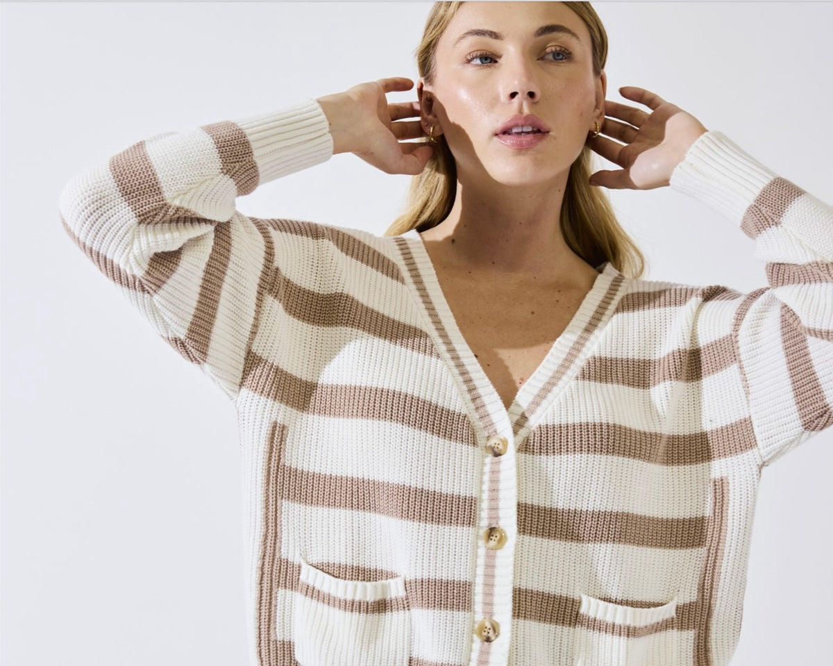 Brodie Wispr Stripe Crop Cardigan Sweater Light Brown Stripes