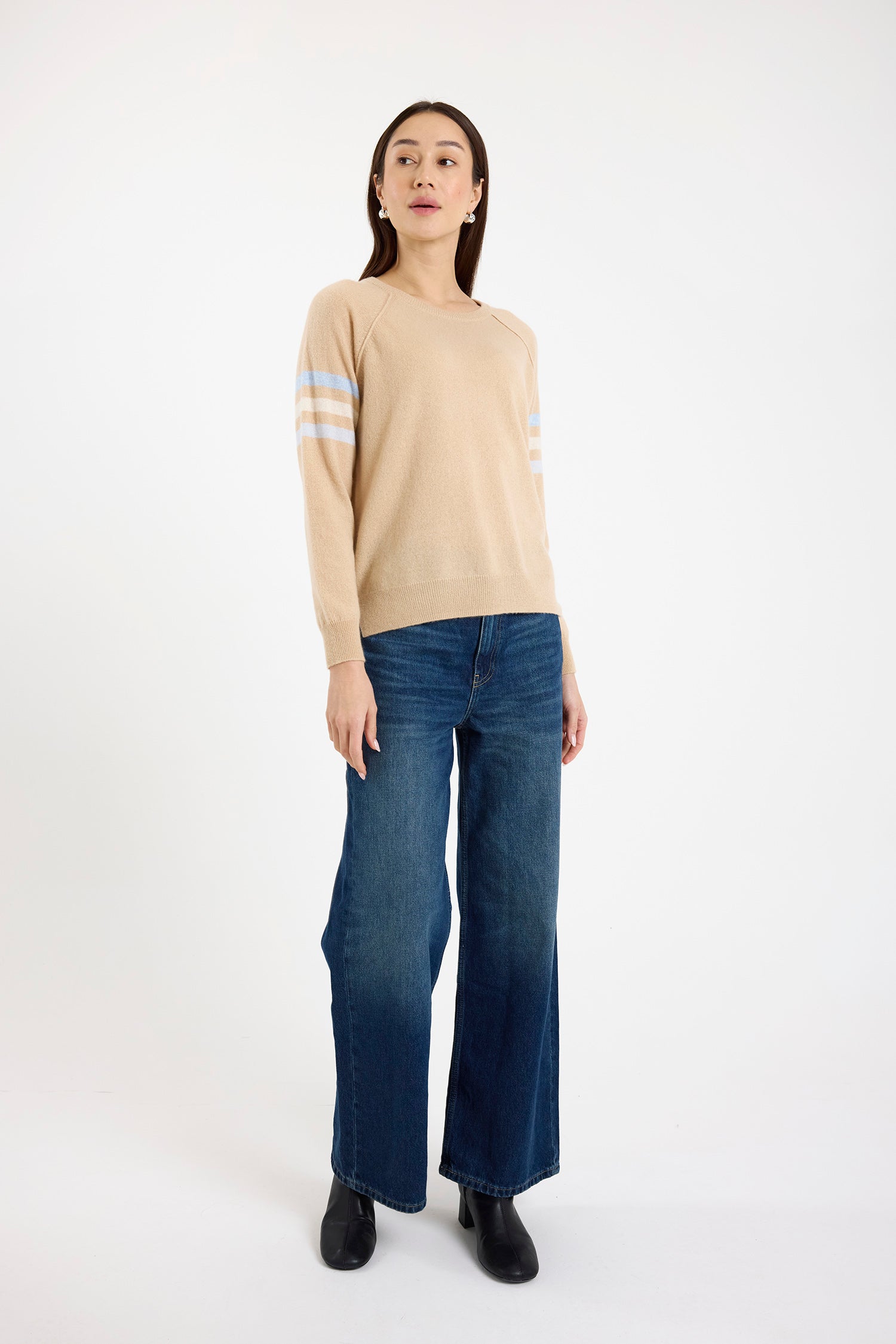 Brodie Cashmere Annie Stripe Crew Sweater Soft Camel/Multi