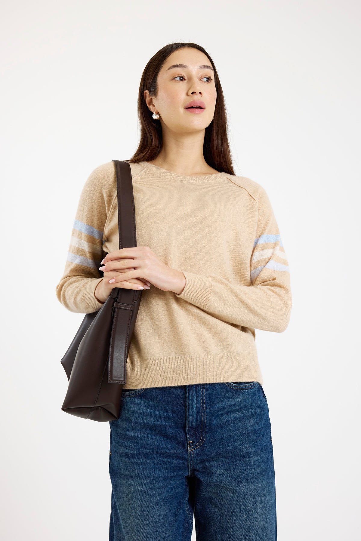Brodie Cashmere Annie Stripe Crew Sweater Soft Camel/Multi