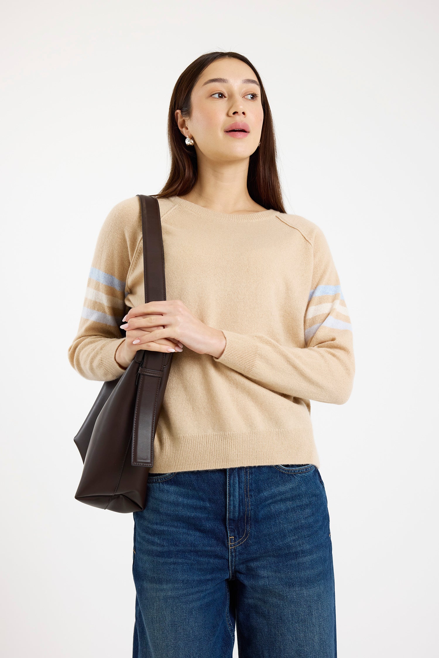 Brodie Cashmere Annie Stripe Crew Sweater Soft Camel/Multi