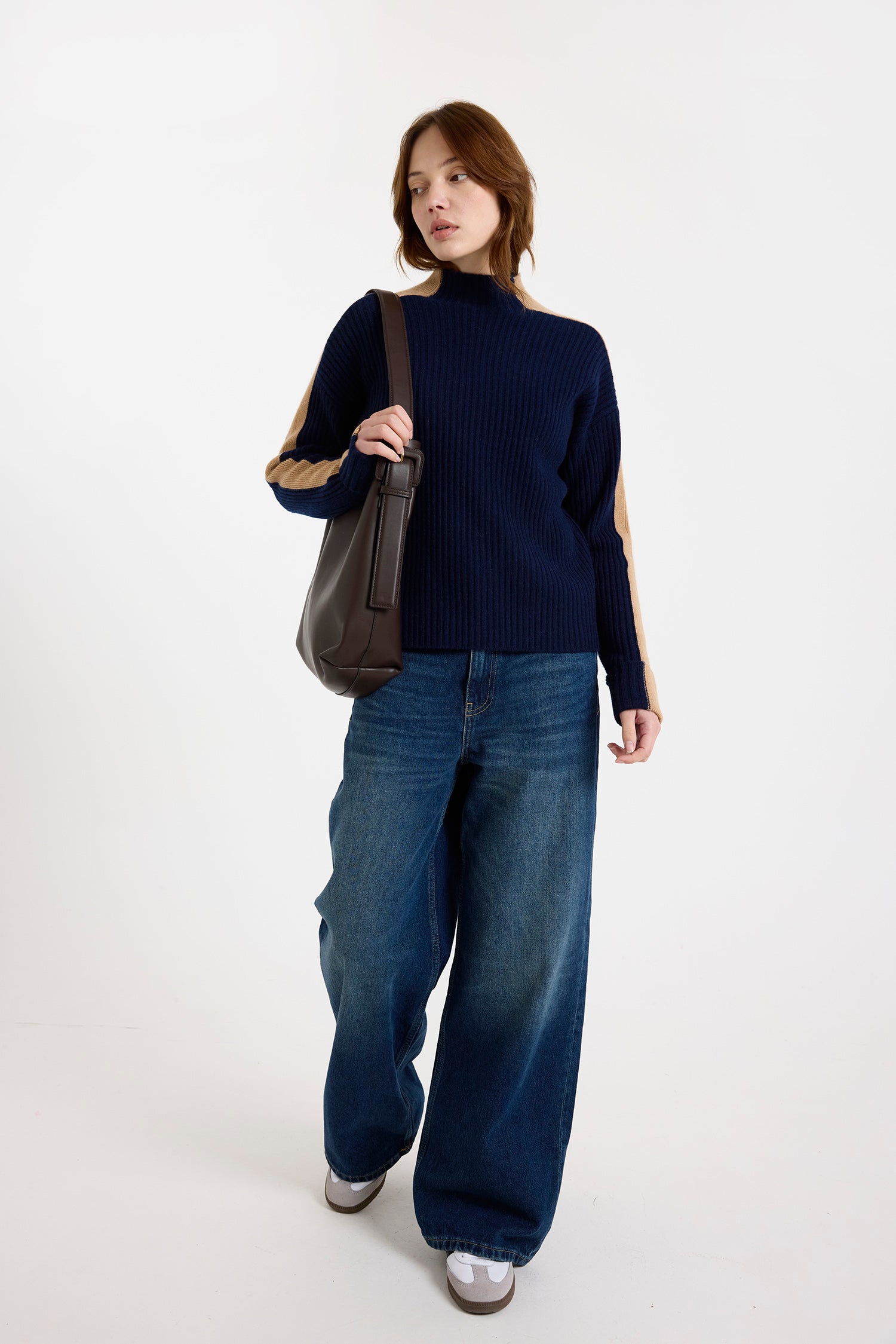 Brodie Cashmere Chamonix Mock Neck Sweater Navy/Camel