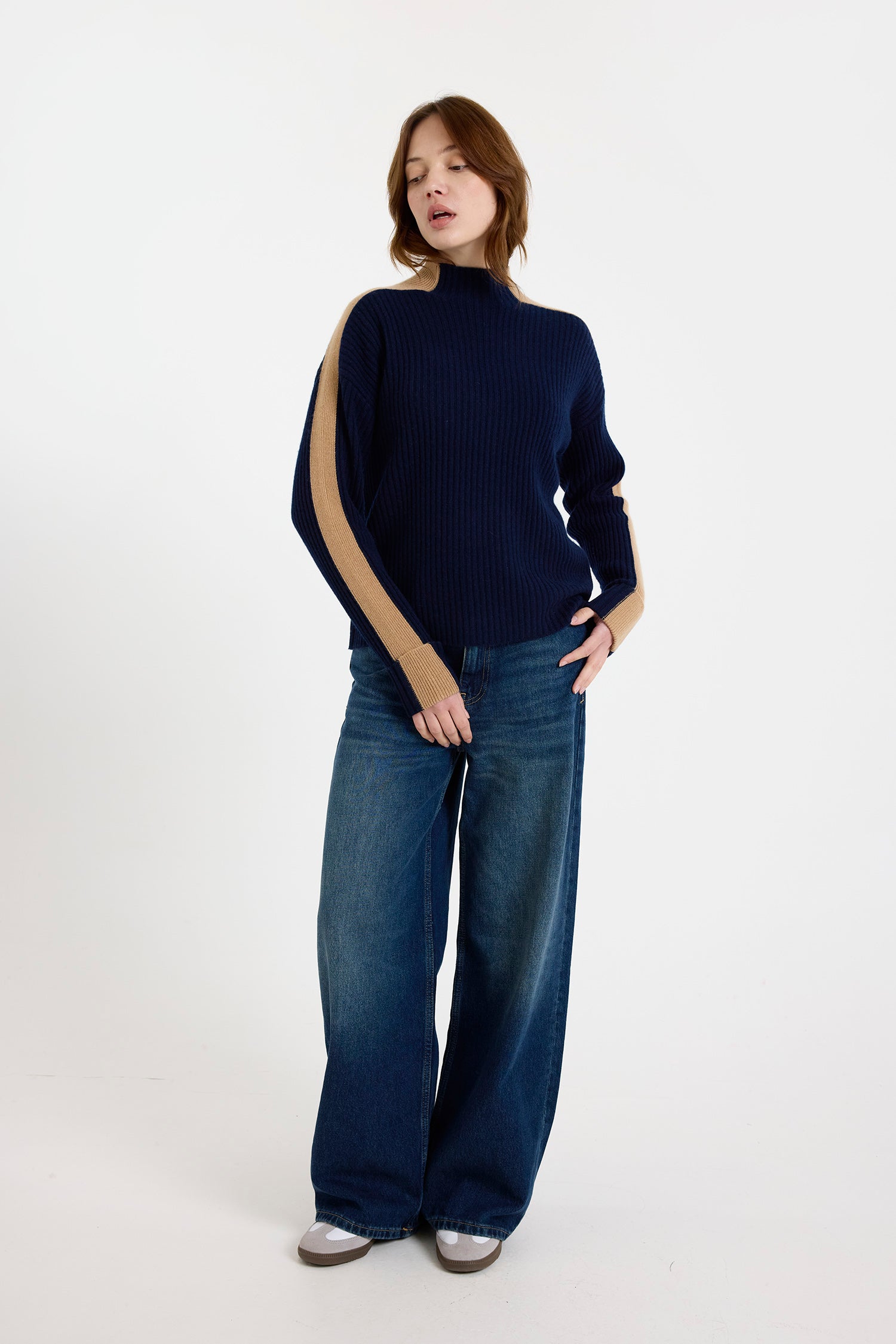 Brodie Cashmere Chamonix Mock Neck Sweater Navy/Camel