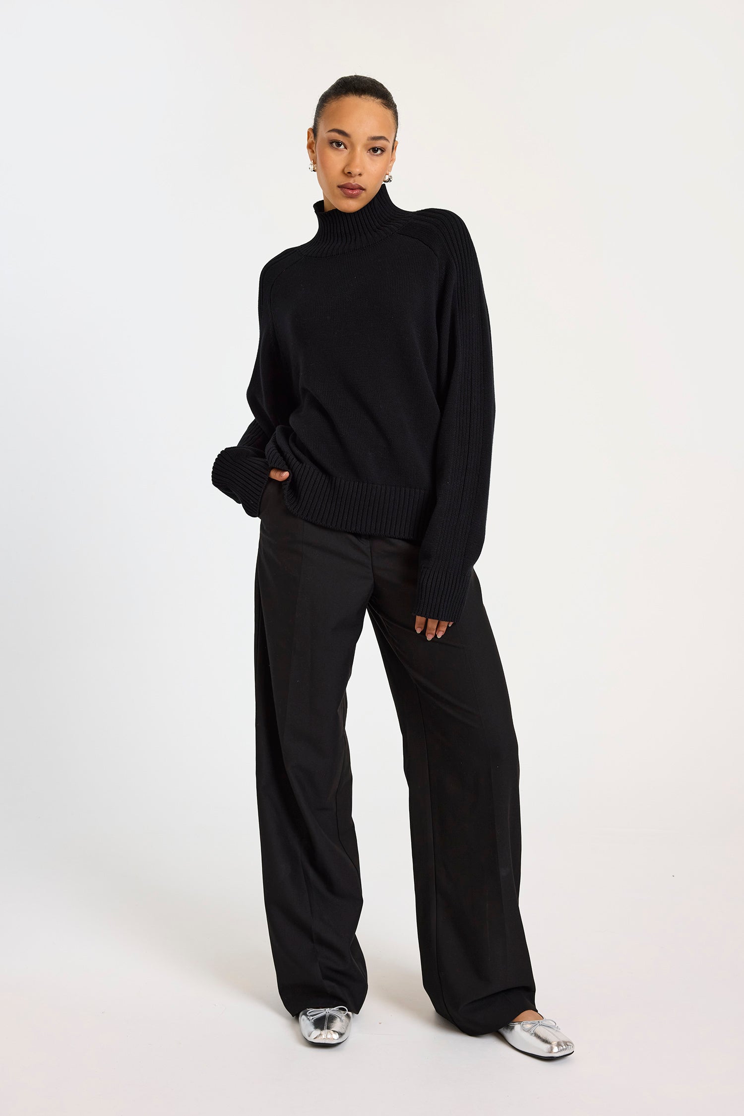 Brodie Cashmere Rib Detail High Neck Sweater Black