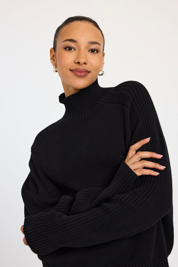 Brodie Cashmere Rib Detail High Neck Sweater Black - Murray's