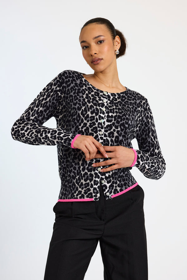 Brodie Cashmee Lydia Leopard Cardigan Sweater Ivory/Silver Birch