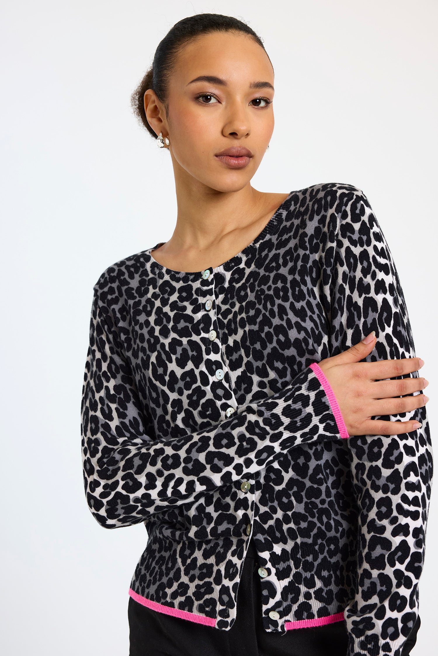 Brodie Cashmee Lydia Leopard Cardigan Sweater Ivory/Silver Birch/Multi