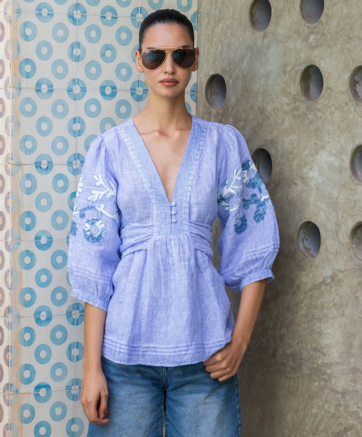 Rose and Rose - Blossom Cotton Top - Blue Fine Stripe