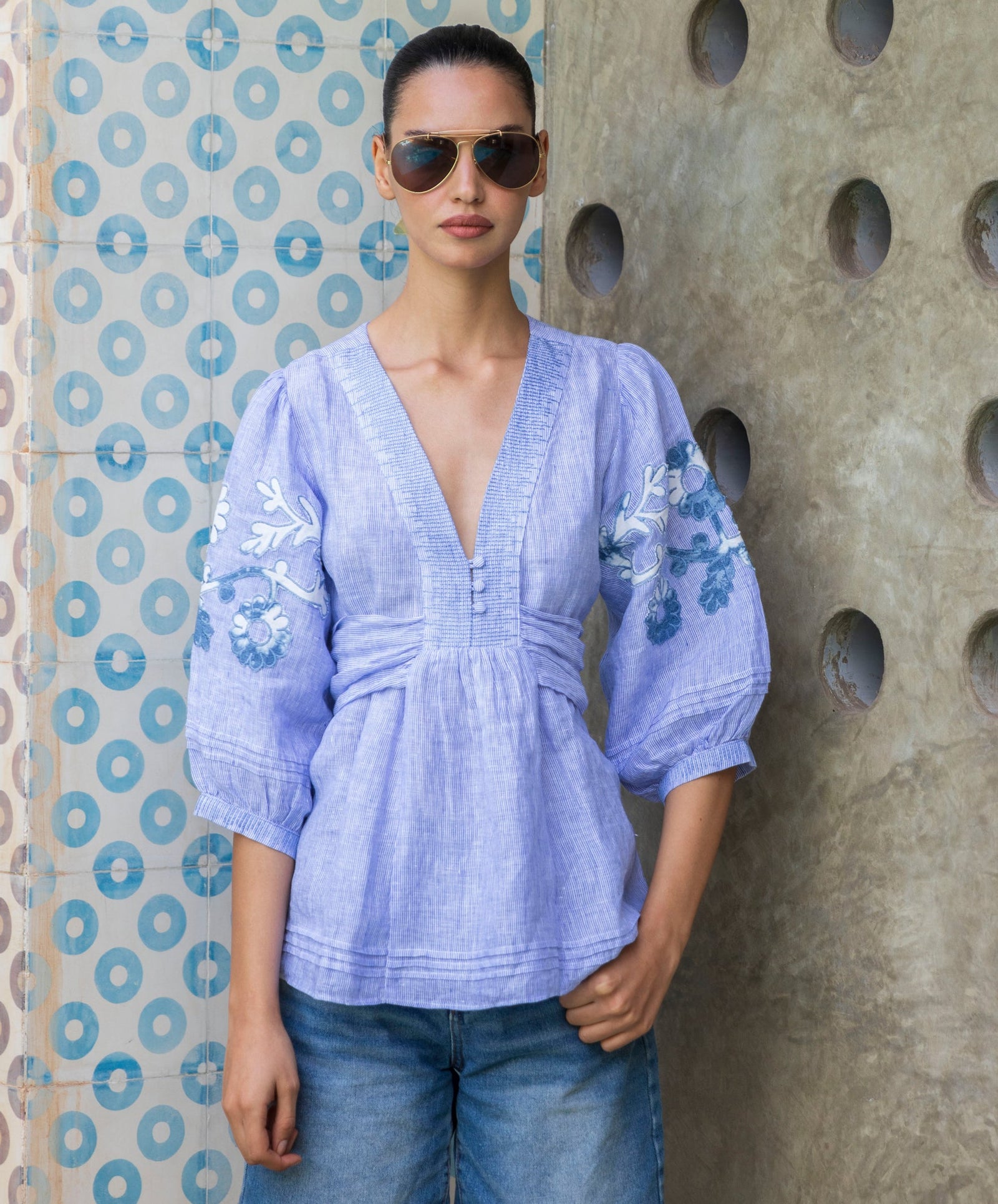 Rose and Rose - Blossom Cotton Top - Blue Fine Stripe