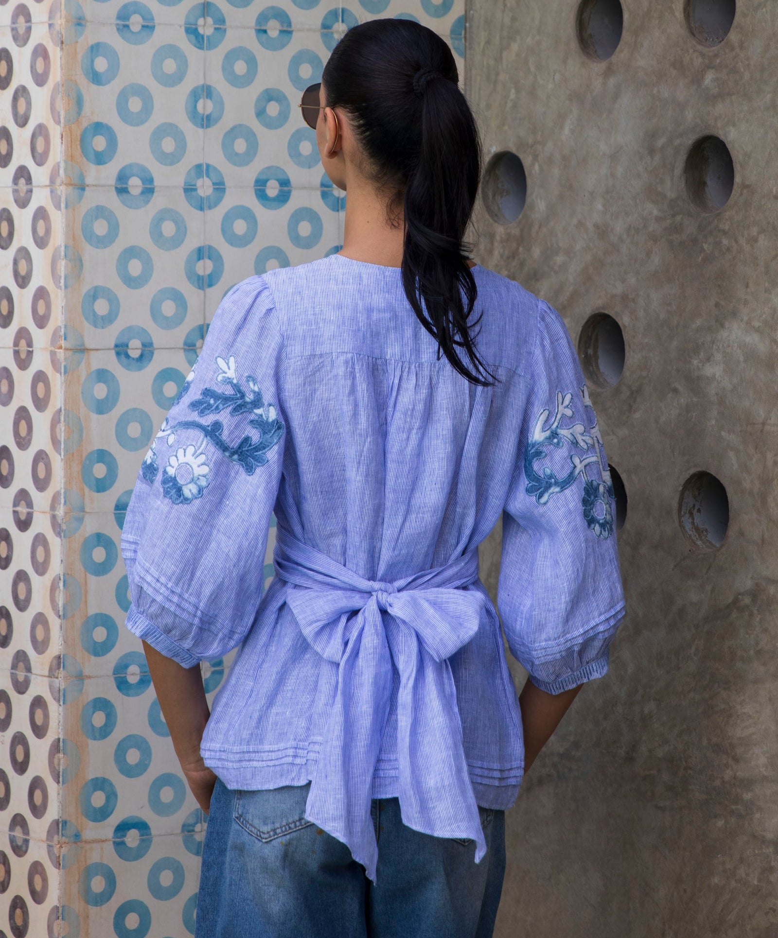 Rose and Rose - Blossom Cotton Top - Blue Fine Stripe