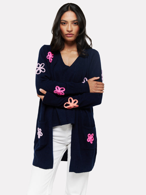 Brodie Cashmere Flower Pop Cardi Navy/Barbie Pink Multi