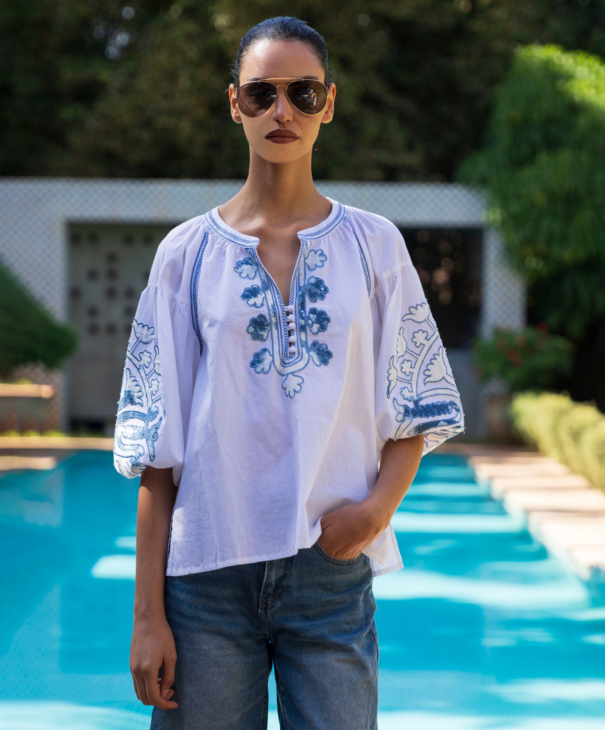 Rose and Rose - Cherry Top - White/Denim