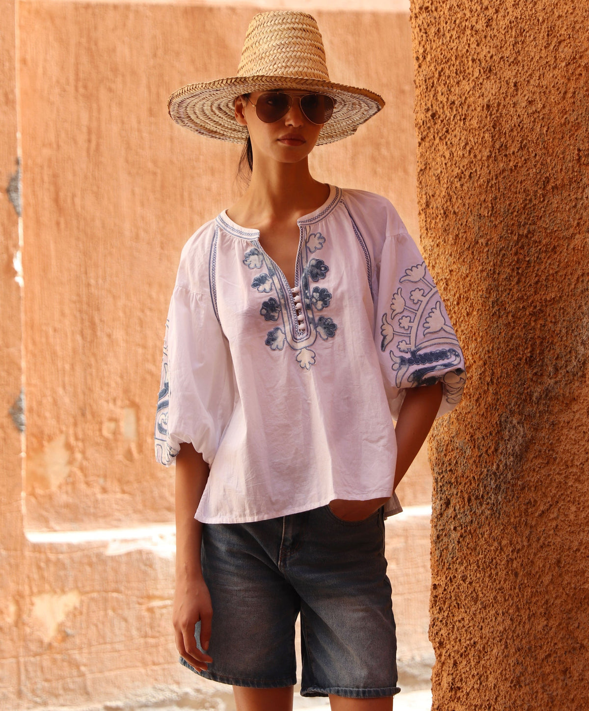 Rose and Rose - Cherry Top - White/Denim