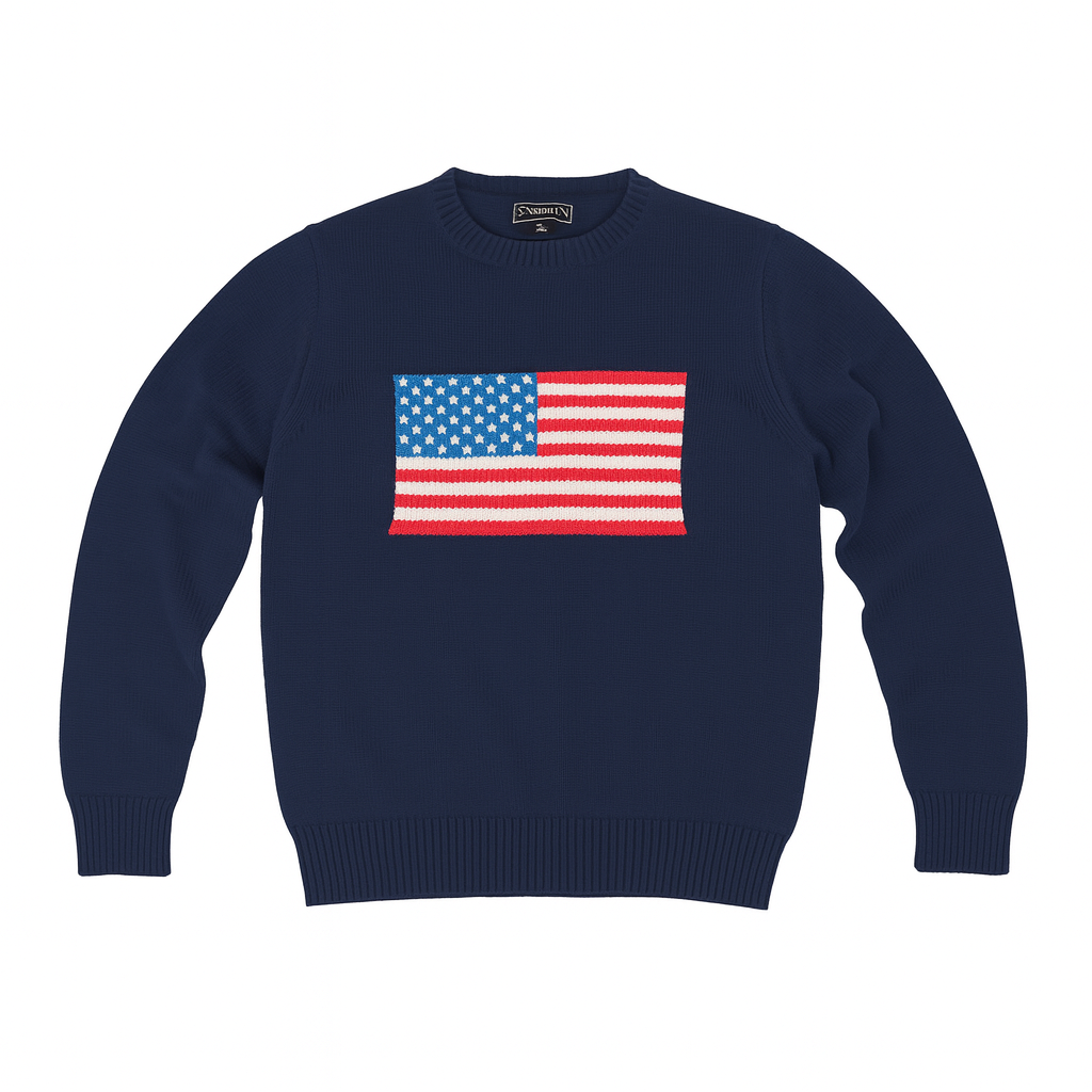 Navy blue sweater with American flag design on a white background