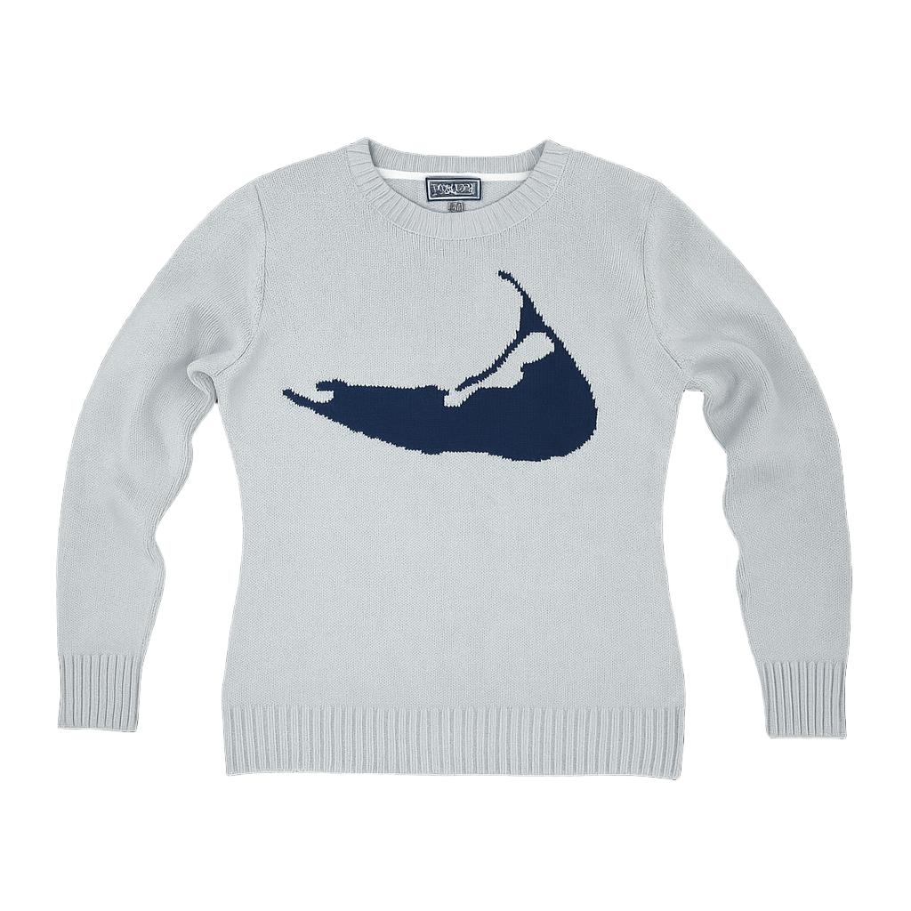 Light gray sweater with navy blue graphic on a black background