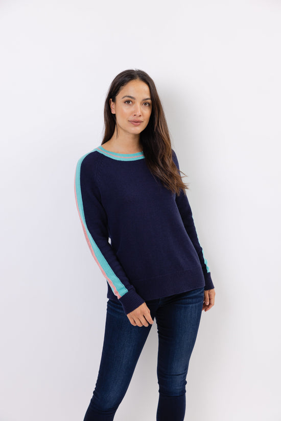 Sail to Sable Stripe Sleeve Sweater-NAVY