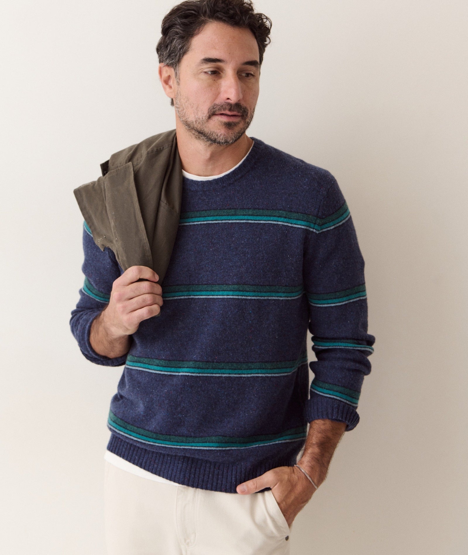 Marine Layer - Merino Crew Sweater - Navy/Green Stripe
