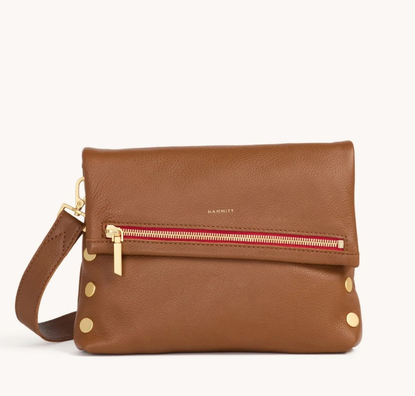 Hammitt VIP Crossbody Covertible Clutch Bag Mahogany/Brushed Gold/Red Zip