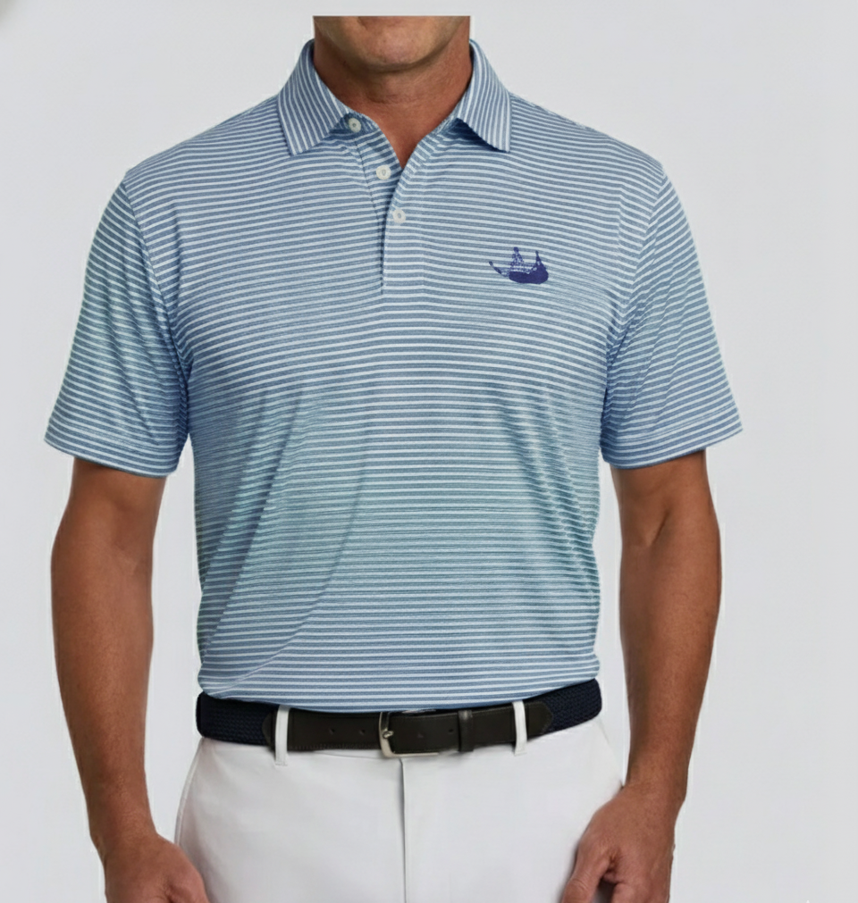 Man wearing a green striped polo shirt with a logo on a white background