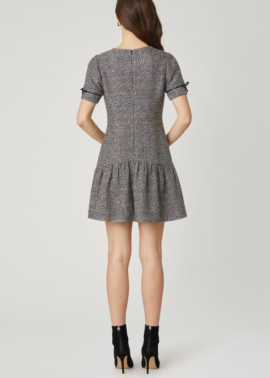 Shoshanna Ivey Leather-Trim Flounce Tweed Mini Dress - Jet Multi Shoshanna Ivey Leather-Trim Flounce Tweed Mini Dress - Jet Multi
