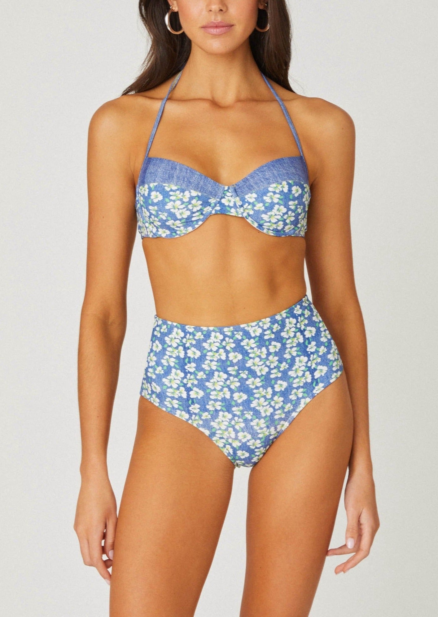 Shoshanna Bathing Suit Bra Halter Top Denim/Ivory