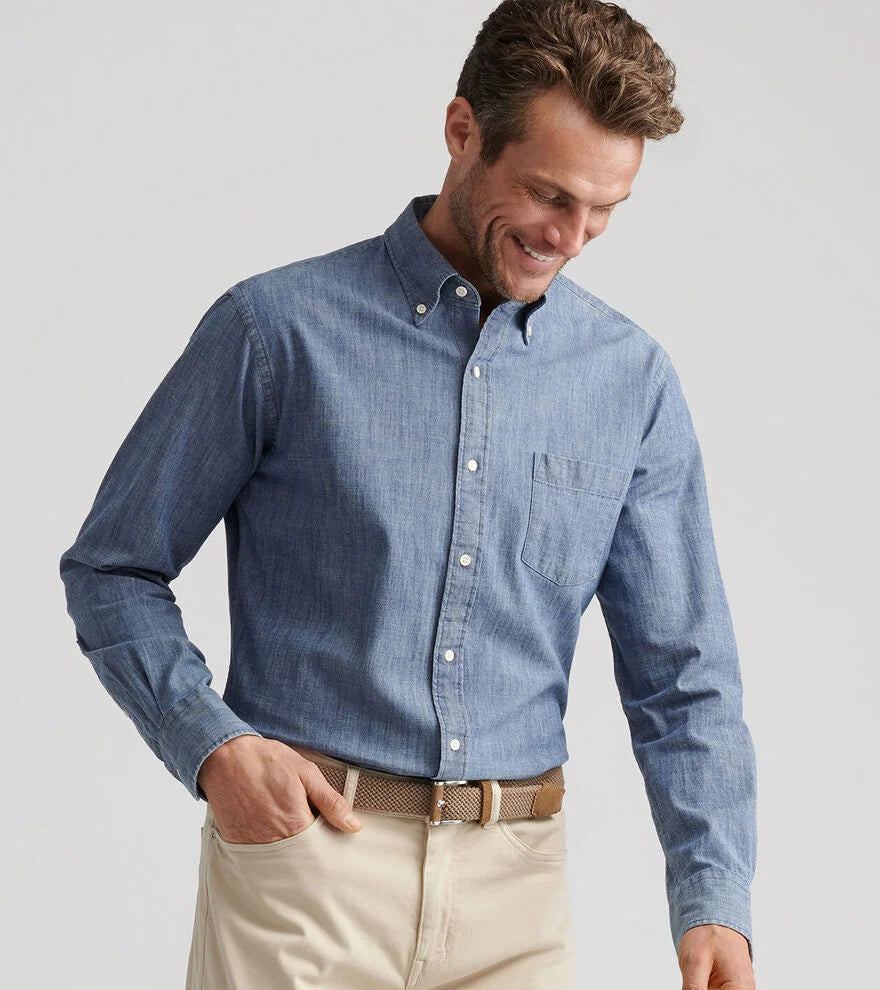 Peter Millar Tamworth Chambray Cotton-Stretch Sport Shirt-Indigo