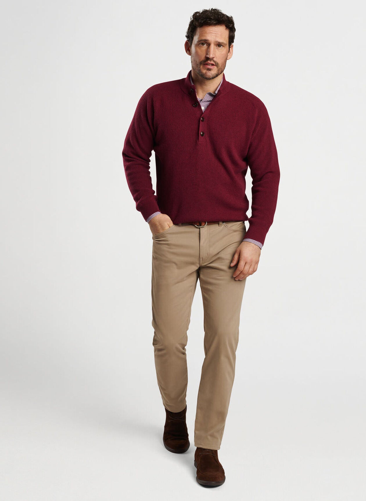 Peter Millar Ruxton Rib Button Mock Sweater-Currant