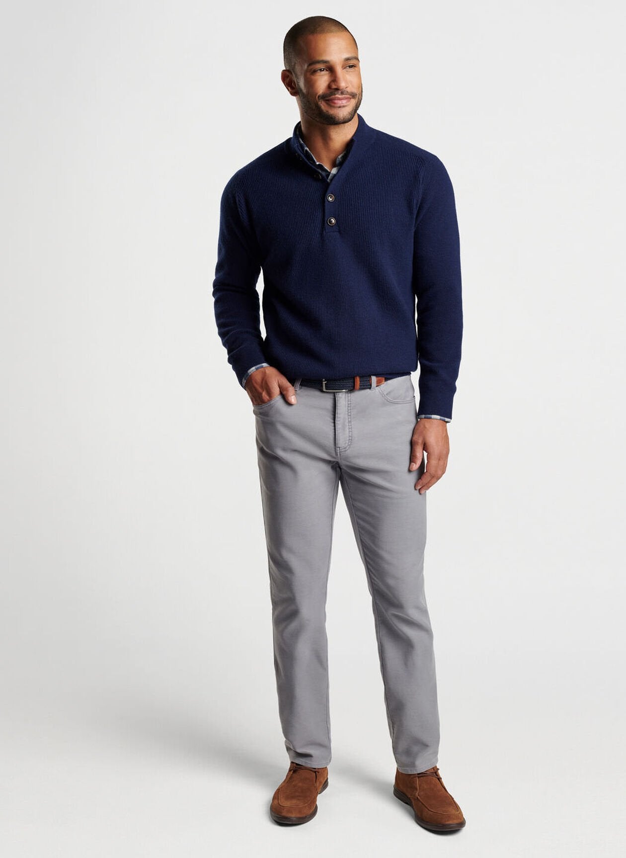Peter Millar Ruxton Rib Button Mock Sweater-Navy