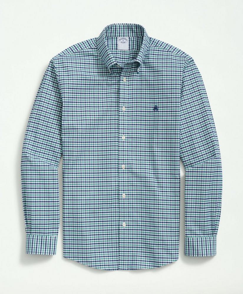 Brooks Brothers Stretch Cotton Non-Iron Oxford Polo Button-Down Collar, Green Gingham Shirt