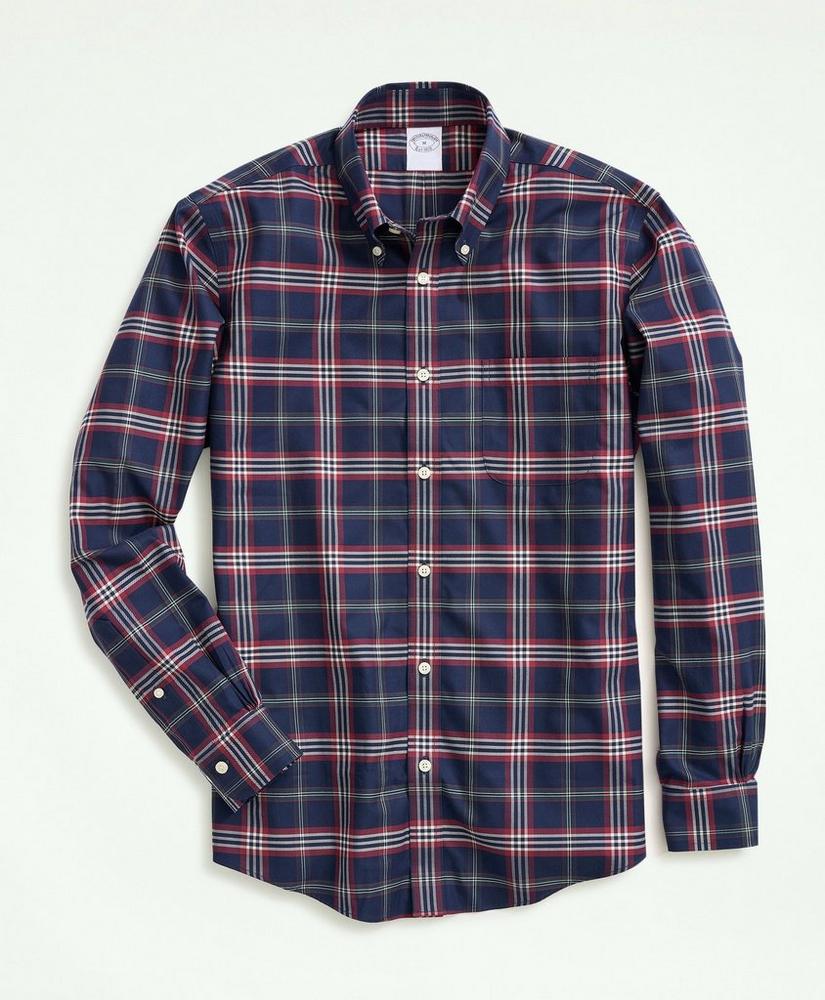 Brooks Brothers Stretch Supima Cotton Non-Iron Twill Button Down Collar,  Navy Tartan Shirt
