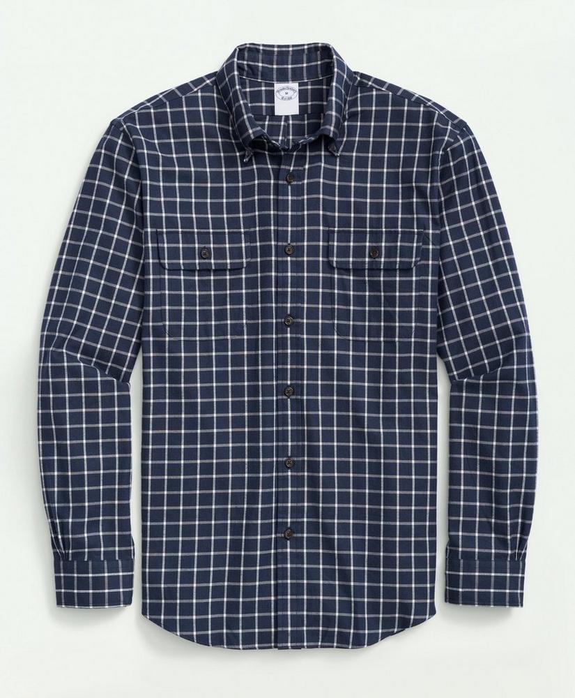 Brooks Brothers Brushed Cotton-Cashmere Checked Chest-Pocket Sport Shirt Navy