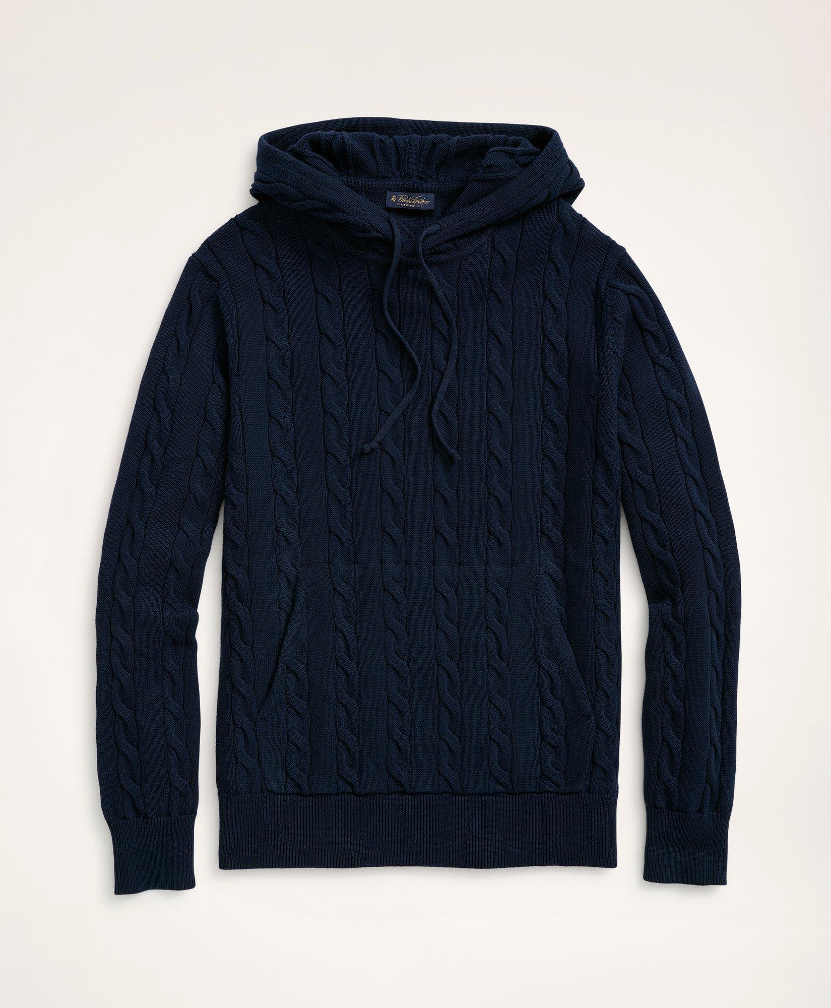 Brooks Brothers Cotton Cable Knit Hoodie Sweater Navy