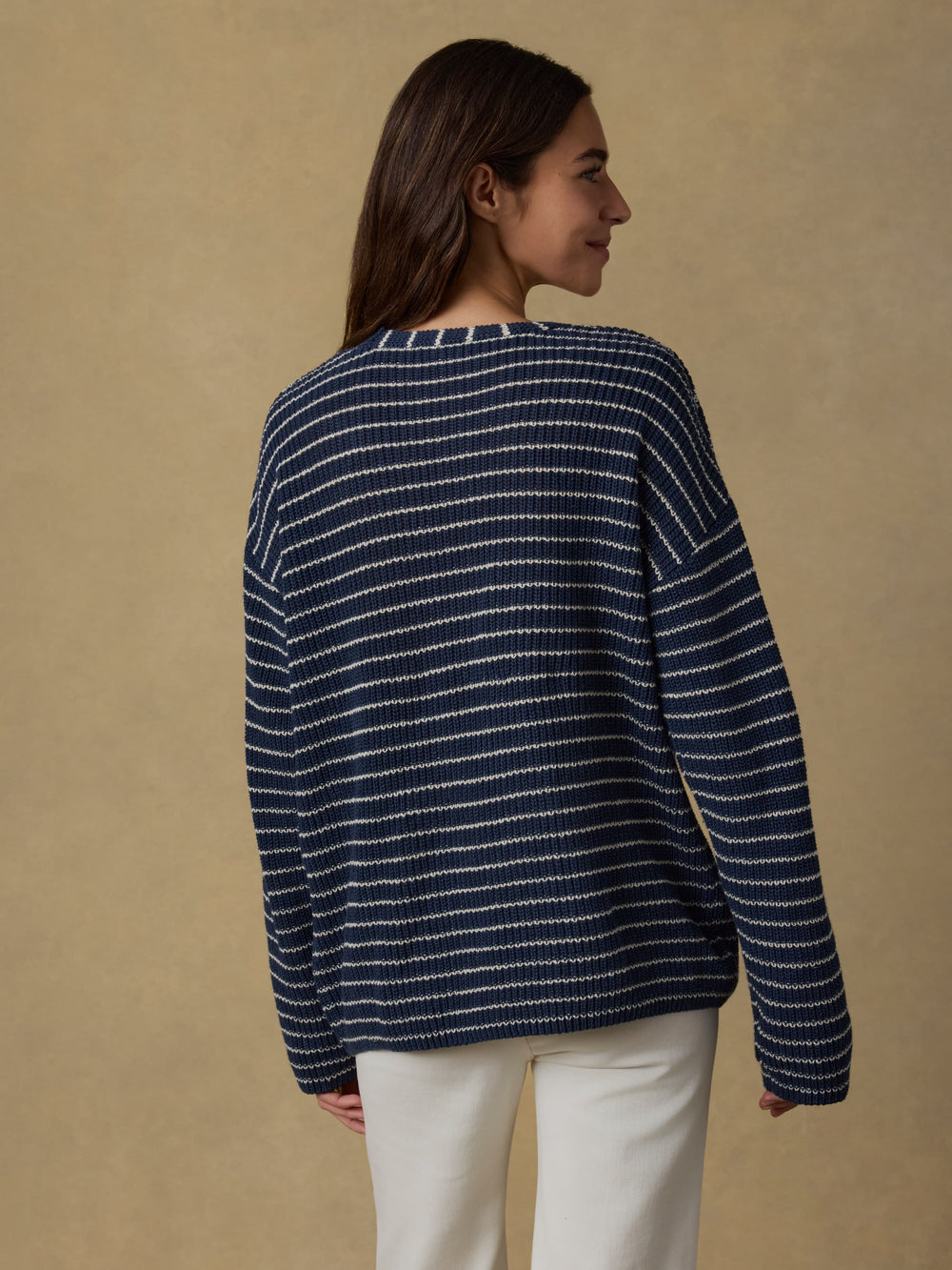 Faherty - Miramar Linen Deep V Sweater - Navy Stripe