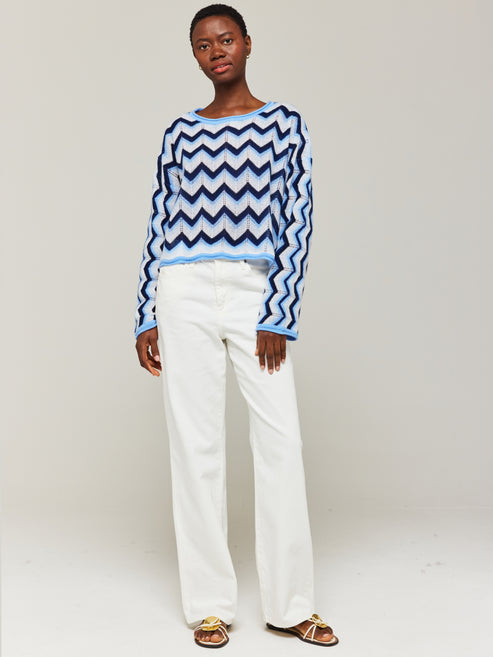 Brodie Cashmere Rainbow Chevron Slash Neck Sweater Splash/Blue Rainbow